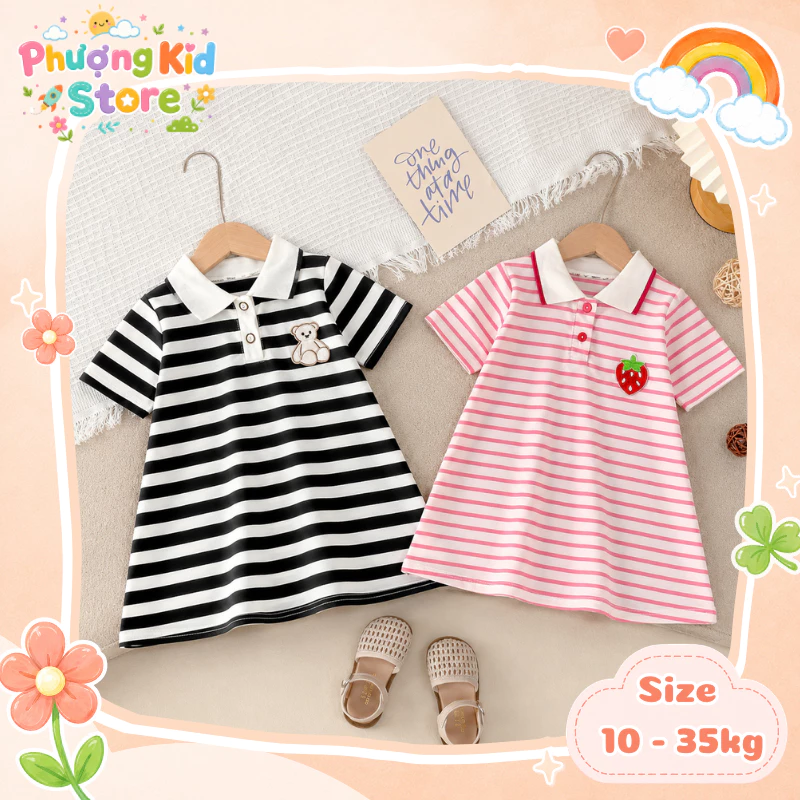 [A13] Váy Kẻ Sọc Có Cổ Bẻ Chất PoLy Thêu Hình Gấu/Dâu Sz 9-35 KG Váy Bé Gái Mùa Hè