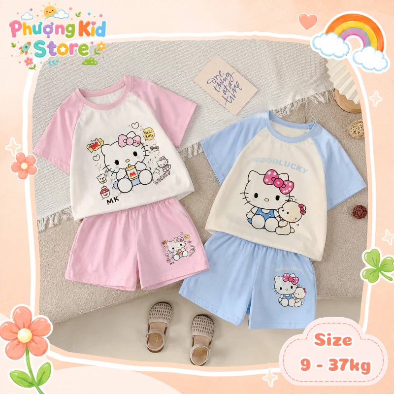 [A02 - XẢ HÀNG] Set Bộ In Hình Hello Kít Ty Dành Cho Bé Gái Chất Liệu Cotton Co Giãn Mềm Mại Size 9-37 KG Đi Học Đi Chơi
