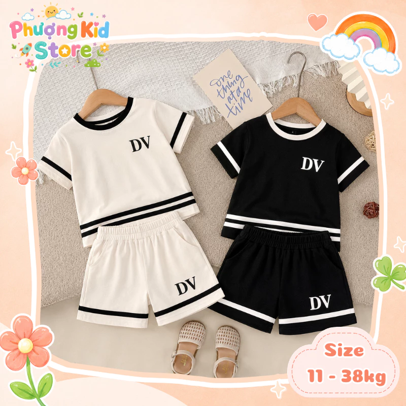 [A07 - XẢ HÀNG] Set Bộ Quần Áo In Chữ DV Dành Cho Bé Trai Và Bé Gái Chất Liệu Cotton Co Giãn Mềm Mại Size 13-42 KG