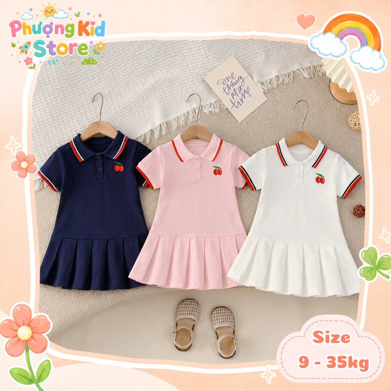 [A09] Váy Polo 3 Màu Chất Liệu Mềm Mại Thoáng Khí Dành Cho Bé Gái Đi Học Đi Chơi Sz 9-35KG