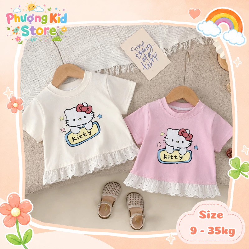 [A11] Áo Phông In Hình Hello Kitty Chất Liệu Cotton Mềm Mại Co Giãn Dành Cho Bé Gái Sz 9-35KG