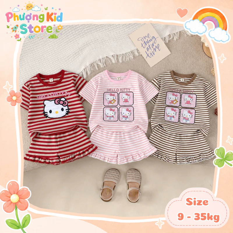 [A27] Set bộ kẻ sọc áo in hình Hello Kitty kèm quần phối bèo gấu cho bé gái chất co giãn mát mẻ size 9 - 35kg