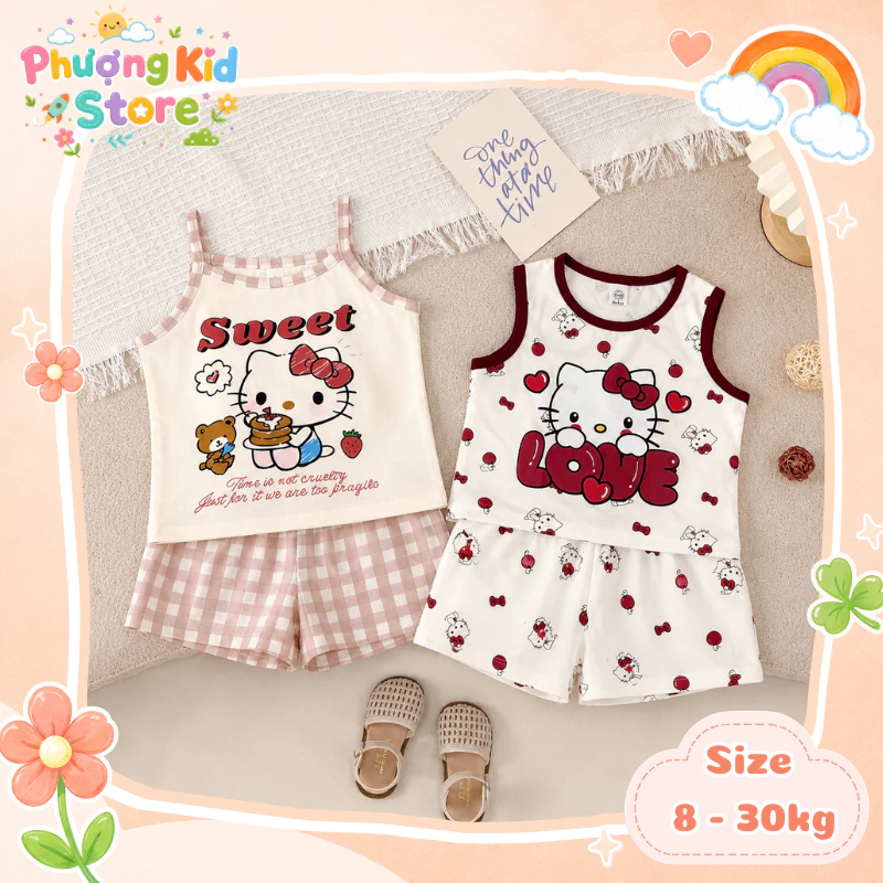 [A23] Bộ đồ Hello Kitty cho bé gái, bộ ba lỗ bộ 2 dây chất su 4 chiều mặc nhà đi chơi mùa hè cho bé 8 - 30kg
