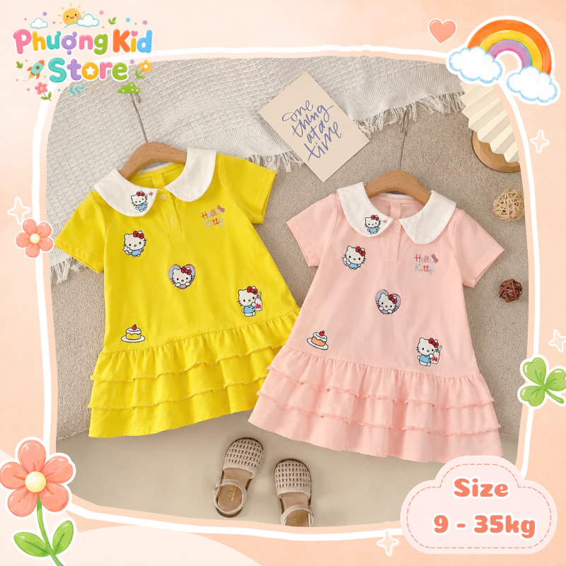 [A04] Váy Bèo 3 Tầng In Hình HelloKitty Chất Liệu Cotton Mềm Mại Co Giãn Dành Cho Bé Gái Đi Học Đi Chơi Sz 9-35KG