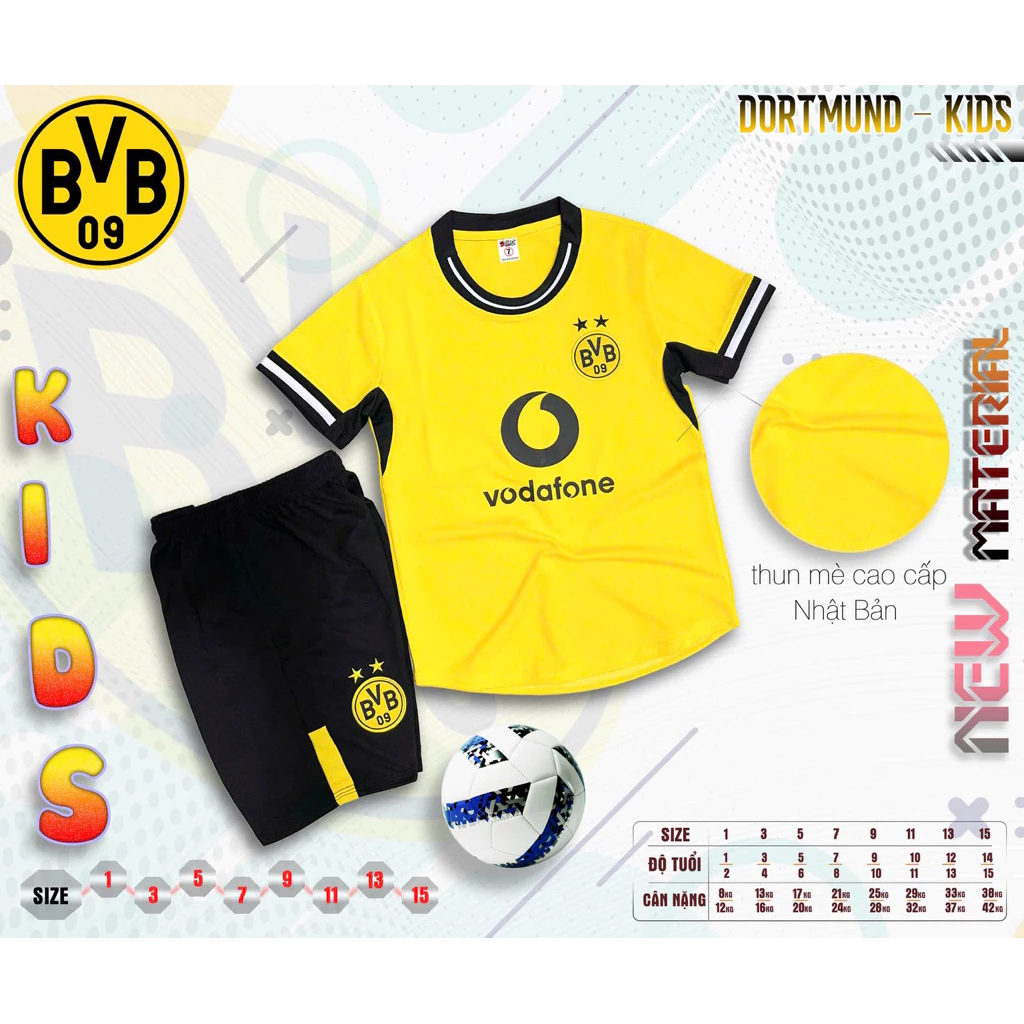 Bộ Quần Áo Bóng Đá Dỏmund Vag Trẻ Em (Từ 8-38kg)Thun Mè Cao Cấp Thoáng Mát Logo Thêu Kidsn