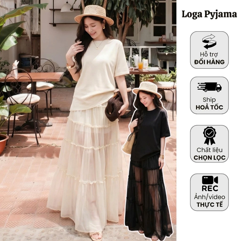 Set Áo Thun Nữ Form Rộng Phối Chân Váy Maxi Lưới Xếp Tầng Dáng Dài Phong Cách Hàn Quốc Logastore_110