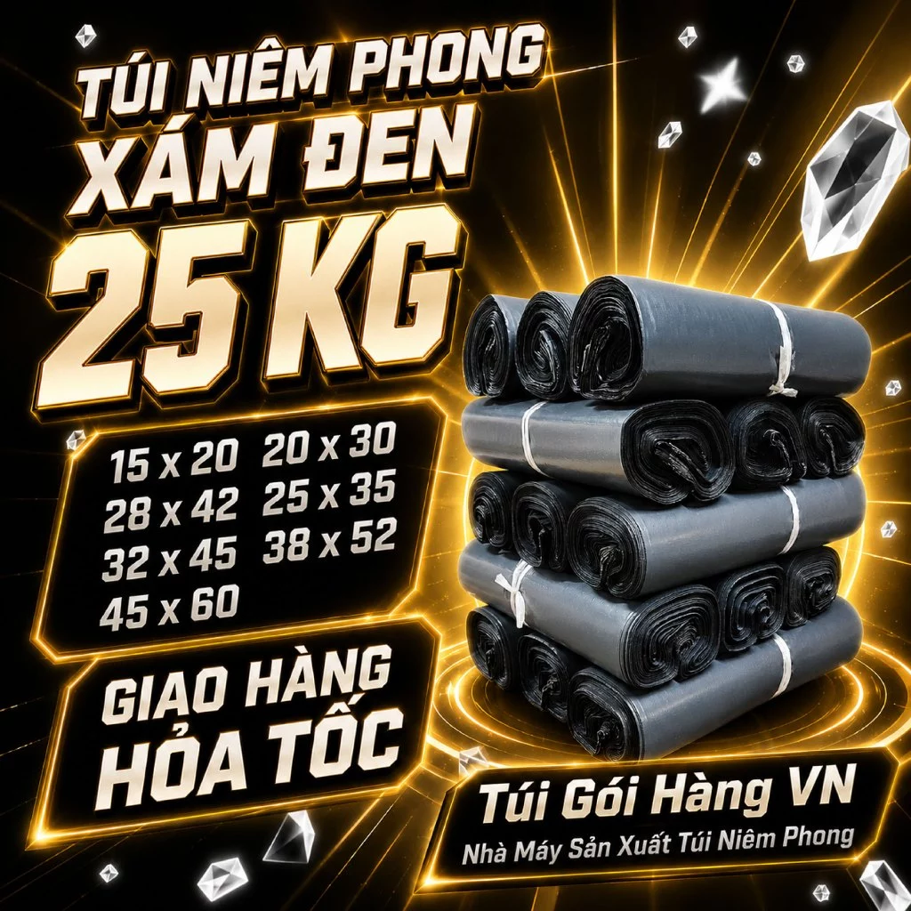 [1 BAO 25KG] Túi Niêm Phong Đen Dày Dặn, Keo Dán Tốt Giao Hỏa Tốc - Giá đã bao gồm VAT - Túi Gói Hàng VN