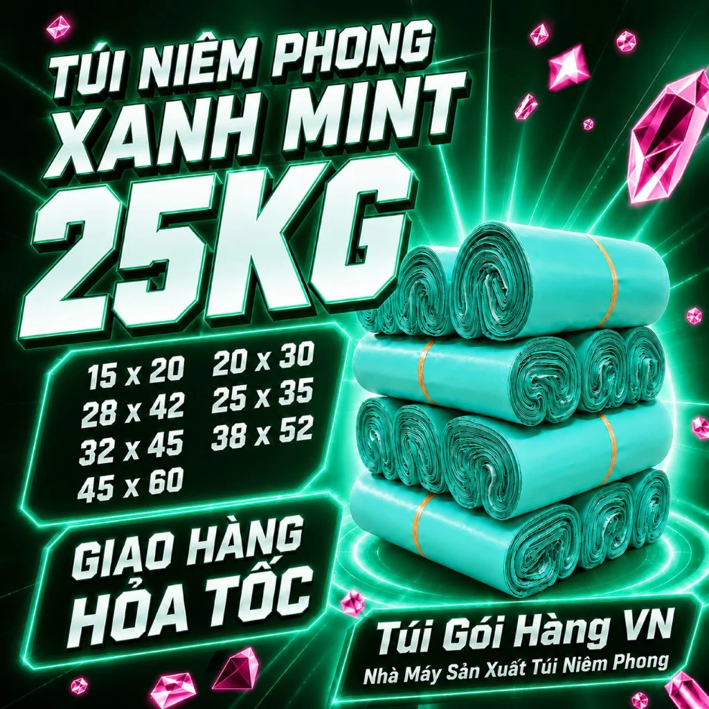 [1 BAO 25KG] Túi Niêm Phong Xanh Mint Dày Dặn, Keo Dán Tốt Giao Hỏa Tốc - Giá Đã Bao Gồm VAT - Túi Gói Hàng VN