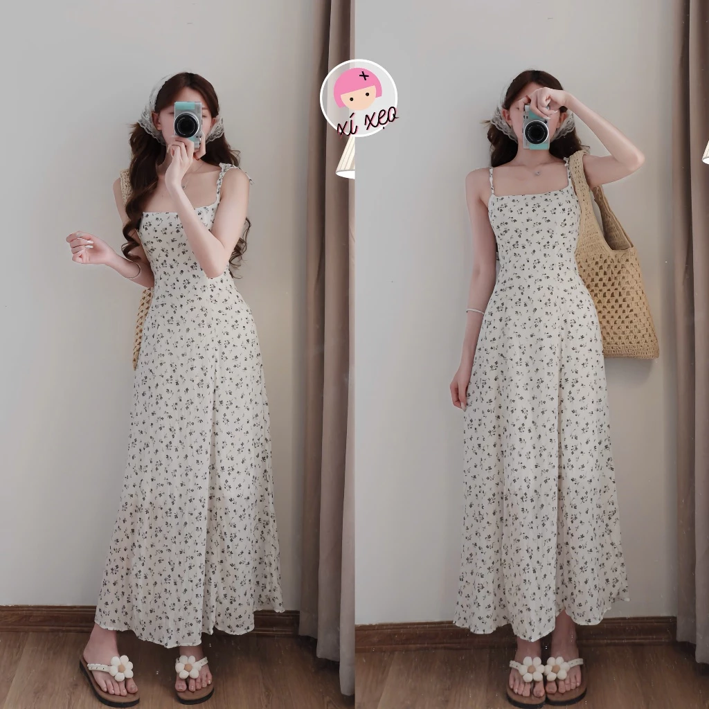 Váy 2 dây hoa nhí XIXEOSHOP sóng dáng dài, đầm maxi phong cách tiểu thư - V420