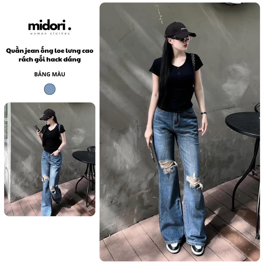 Quần jean ống loe xanh retro lưng cạp cao rách gối Midori Shop Quần bò loe chất jean mềm co dãn S084