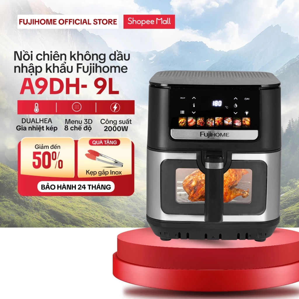 Nồi chiên không dầu 9 Lít Gia nhiệt kép FUJIHOME 2100W, bếp chiên không khí mặt kính điện tử 3D menu 8 chế độ cài đặt