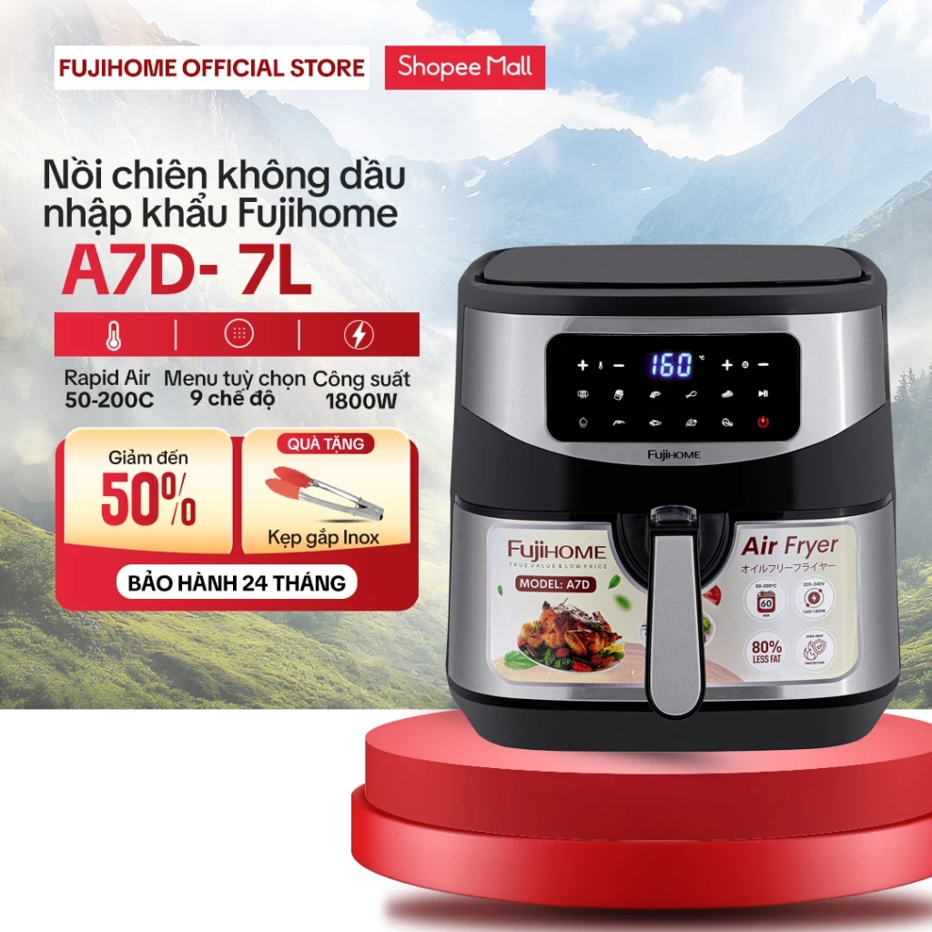 Nồi chiên không dầu 8L điện tử Fujihome Nhập Khẩu chống dính cao cấp, Nồi chiên cơ không hơi nước tự ngắt an toàn