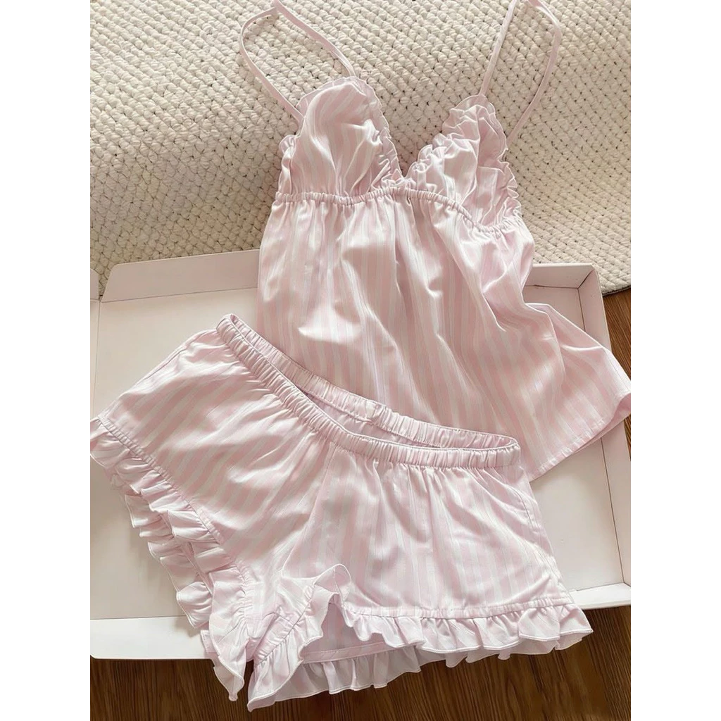 𝐂𝐡𝐚𝐫𝐥𝐨𝐭𝐭𝐞.𝐨𝐝_ Bộ Ngủ 2 Dây Sọc Hồng Bèo Nhún QC