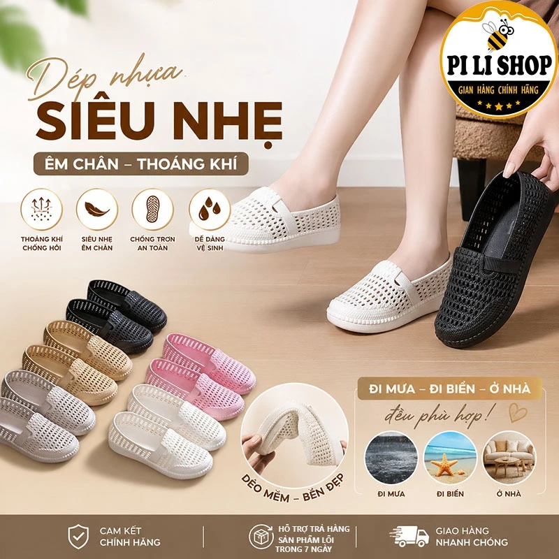 Giày Lỗ Nữ Thoáng Khí Đế Mềm Thời Trang Nhựa Nguyên Khối, Giày Lười Nhựa Đi Mưa Đế Chống Trơn Trượt