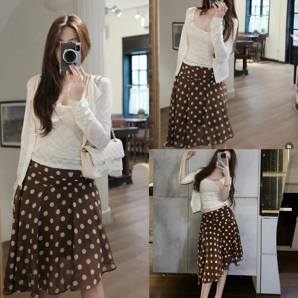 (Sẵn Ship) Set áo 2 dây ren đính nơ kèm khoác mix chân váy chấm bi nâu lệch tà cách điệu JYNNA TOP