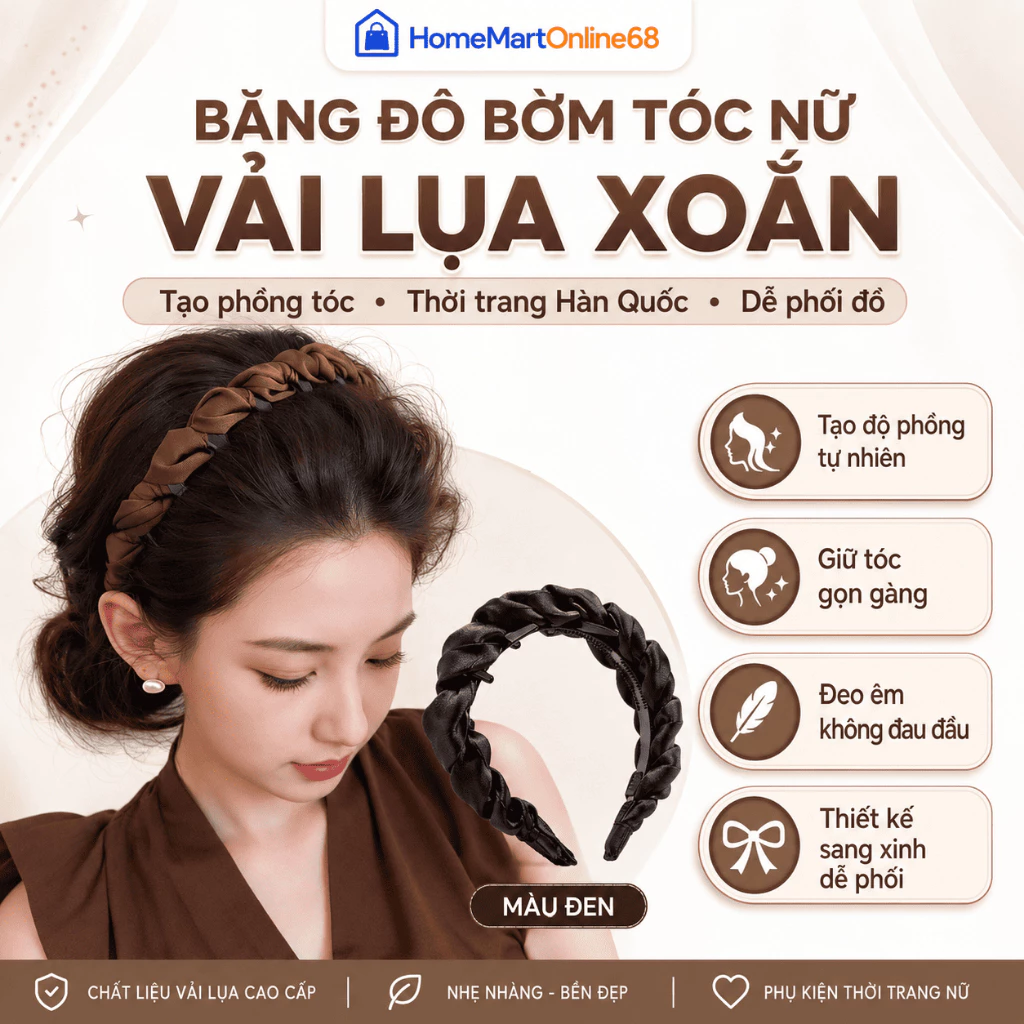 HM68528 Băng Đô Nữ Vải Lụa Xoắn Hàn Quốc, Bờm Tóc Tạo Phồng Tóc Thời Trang Thanh Lịch | HomeMartOnline68