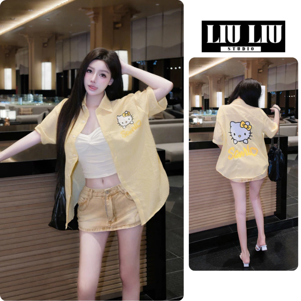 Áo sơ mi nữ kitty form oversize LIULIU STUDIO L38 đũi xốp mềm mát màu vàng kem phong cách hàn quốc trẻ trung