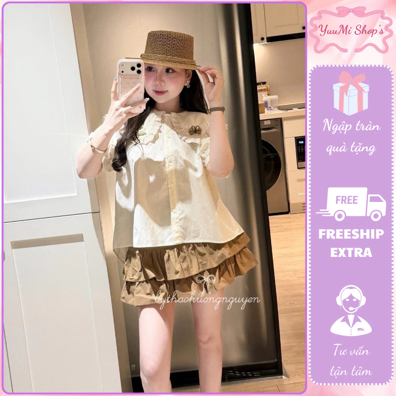 Bộ áo váy nữ mặc đi chơi áo sơ mi cổ sen phối chân váy tầng bèo nhún vải đũi cotton mềm tôn dáng HCOM27139