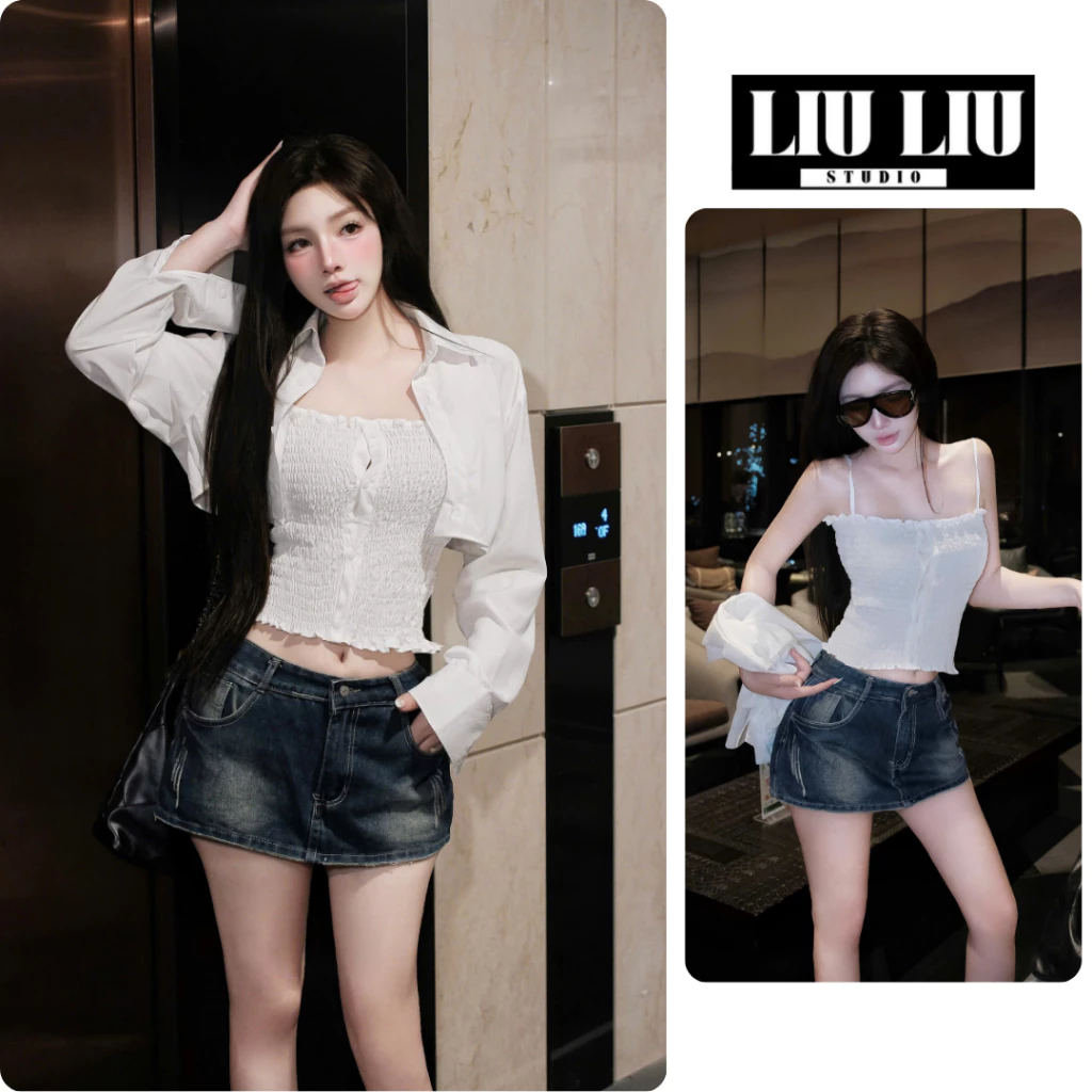 LIULIU STUDIO Set 2 áo dây nhún phối sơ mi croptop nữ tiểu thư hàn quốc tôn dáng trẻ trung thanh lịch sang chảnh