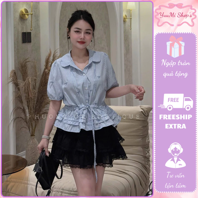 Áo kiểu sơ mi kẻ sọc ngắn tay dáng peplum bo eo thắt nơ họa tiết nơ nhí outfit nữ đi chơi công sở HCOM25818