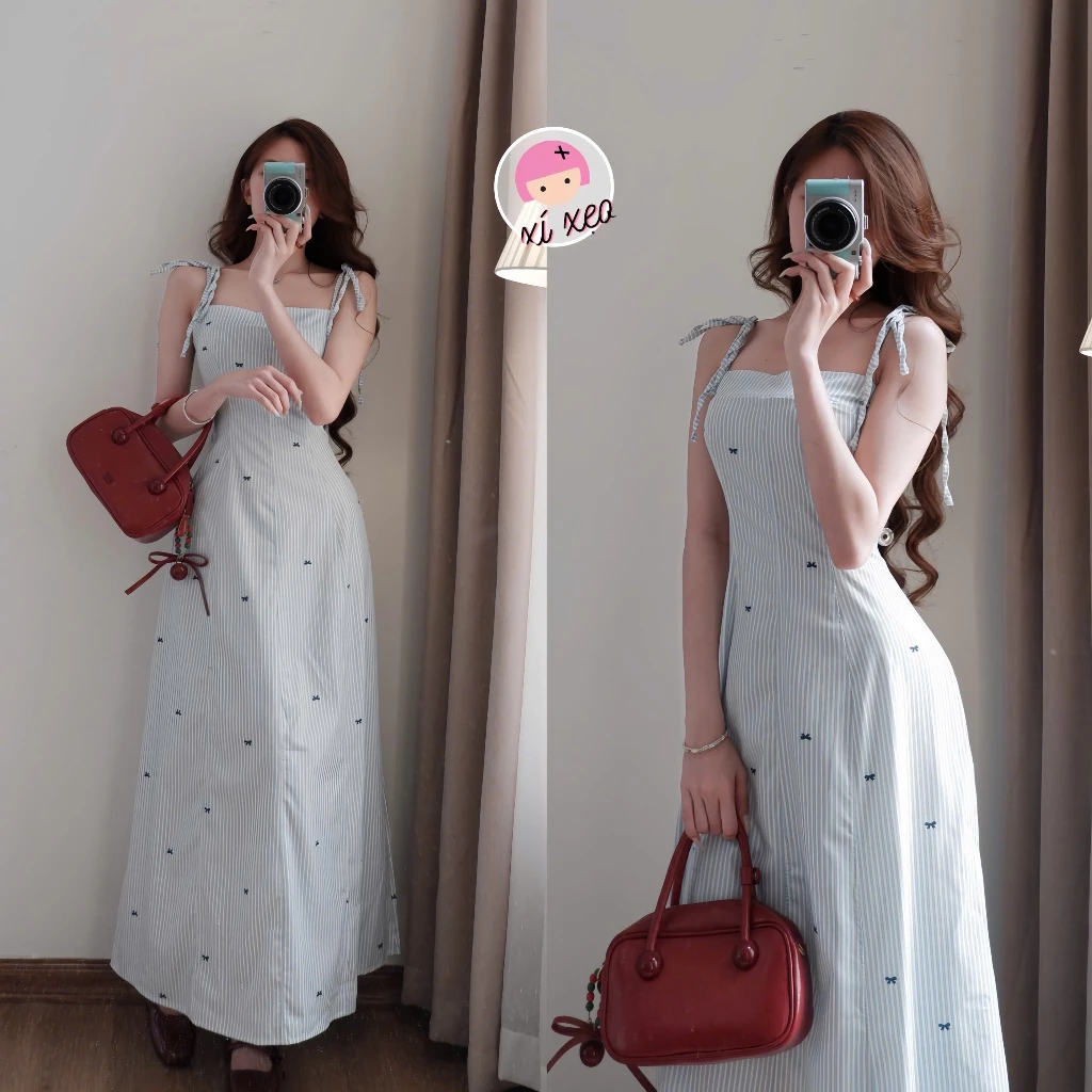 Váy hai dây  XIXEOSHOP cổ vuông họa tiết chiết eo nhẹ nhàng dáng dài - V350