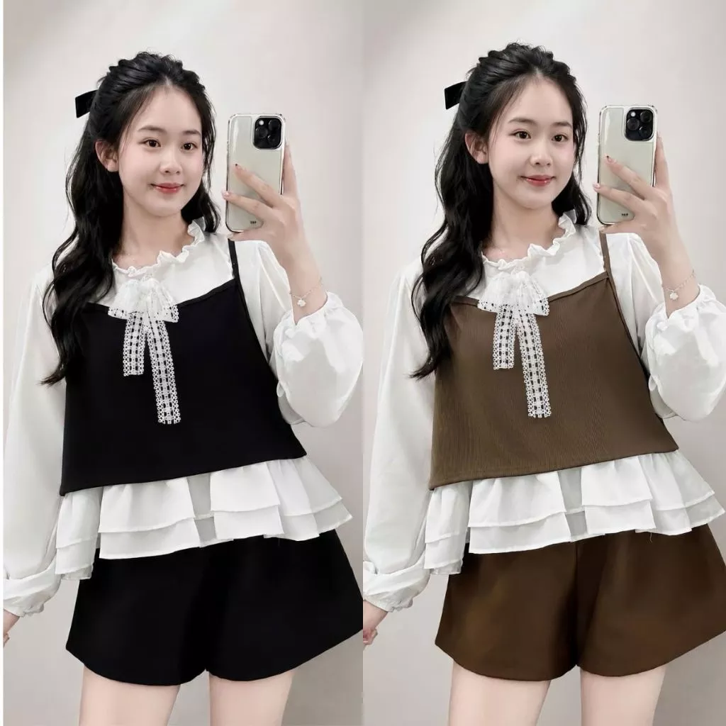 Sét Áo kiểu bigsize nữ tiểu thư vintage phối sơ mi cổ bèo tay phồng kèm yếm hai dây phối quần quần đùi -A347+Q500/Q514