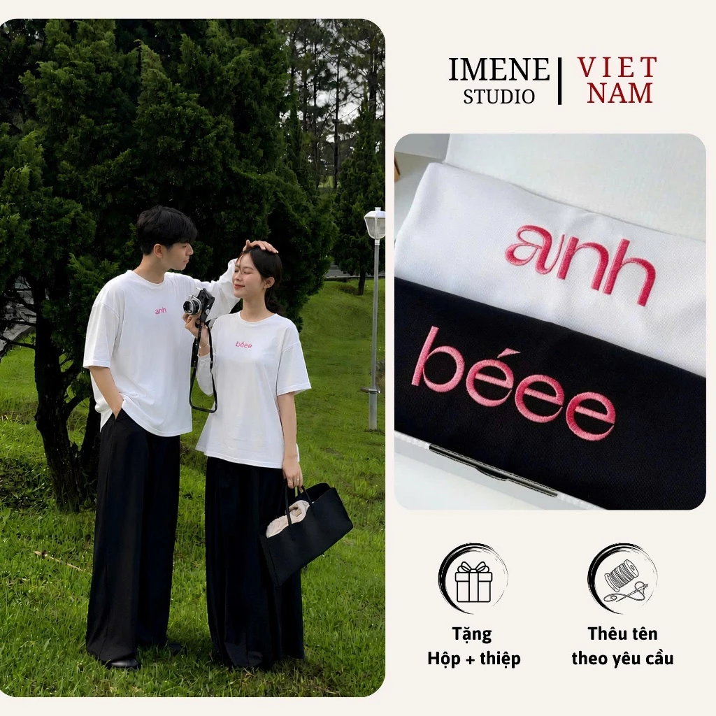 Áo thun cặp đôi nam nữ, áo thun THÊU couple, áo phông nữ thêu chữ anh, béee chất cotton mềm mịn IM25