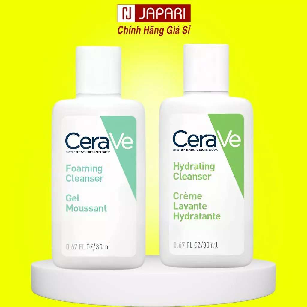 Sữa Rửa Mặt Cerave Foaming/Hydrating 30ml - Gel Rửa Mặt Dịu Nhẹ, Dưỡng Ẩm Cho Da Dầu Mụn/Khô- Japari