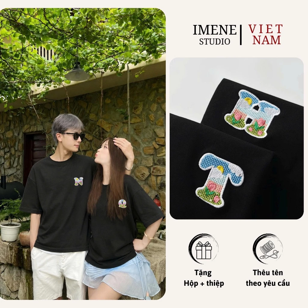 Áo thun THÊU cặp đôi nam nữ, áo phông couple, áo phông nữ thêu KÝ TỰ YÊU THƯƠNG màu ĐEN (IM09)