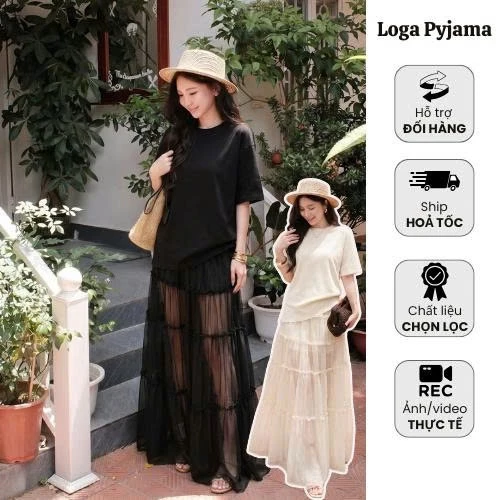 Set Nữ Áo Thun Form Suông Kèm Chân Váy Maxi Lưới Dài Phong Cách Tiểu Thư Hàn Quốc Logastore_L110