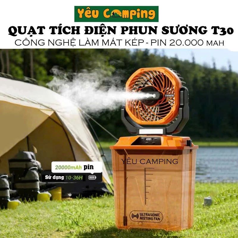 Quạt tích điện phun sương T30 công nghệ làm mát kép pin trâu 20000mah dùng 10 - 36 giờ tích hợp đèn, sạc điện thoại