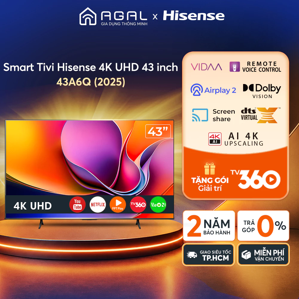 Smart Tivi Hisense 4K UHD 43 inch 43A6Q, Trả góp 0%, Bảo hành 2 năm