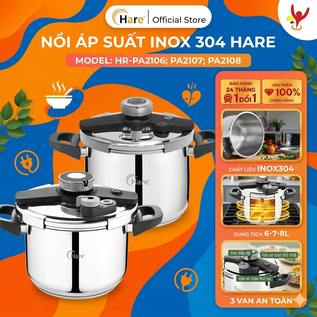 Nồi Áp Suất Inox 304 Hare HR-PA2106 HR-PA2108 Đáy 5 Lớp Bếp Từ 6L 7L 8L [Tặng Thêm Gioăng + Vung]