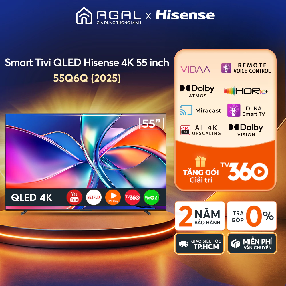 Smart Tivi Hisense 55 inch QLED 4K 55Q6Q, Trả góp 0%, Bảo hành 2 năm