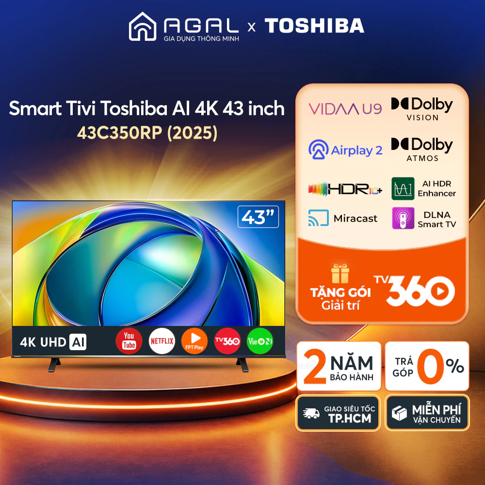 Smart Tivi Toshiba AI 4K 43 inch 43C350RP Trả góp 0%, Bảo hành 2 năm, Giao hàng toàn quốc