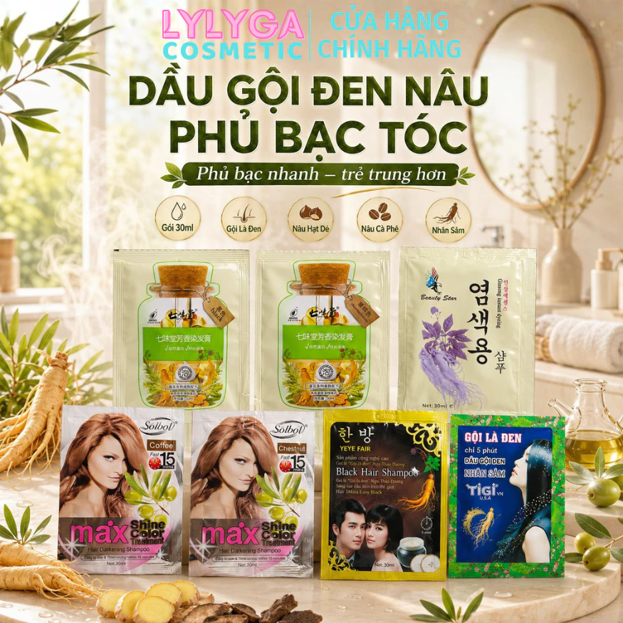 Dầu gội đen nâu phủ bạc tóc 1 Gói 30ml dầu gội nhuộm tóc đen nâu, Gội là đen tigi nhân sâm Hàn Quốc gội nâu hạt dẻ GD01