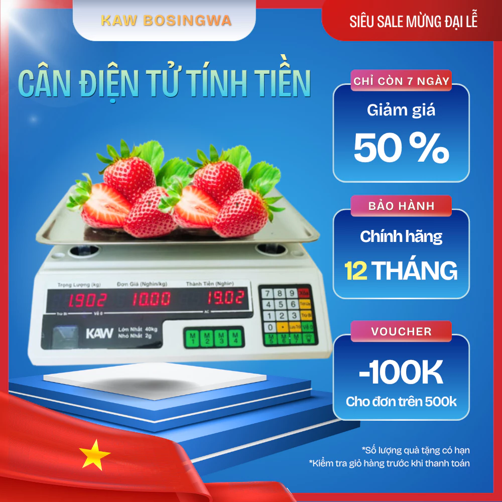 Cân điện tử tính giá Bosingwa, cân Tiếng Việt, chính xác đến 2g, tối đa đến 40kg