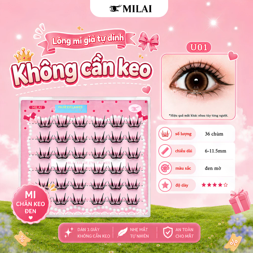 Mi giả sẵn keo MILAI mã U01 mi tuần lộc, cong mềm tơi nhẹ, hiệu ứng mở tròng tự nhiên