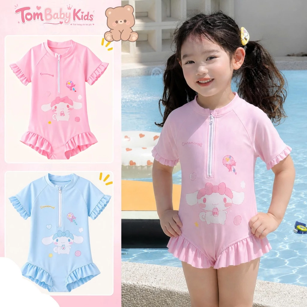 Đồ bơi liên thân bé gái, áo bơi body trẻ em cao cấp phối bèo họa tiết dễ thương đi bơi đi biển 8-28kg Tom Baby ĐB-011-AK