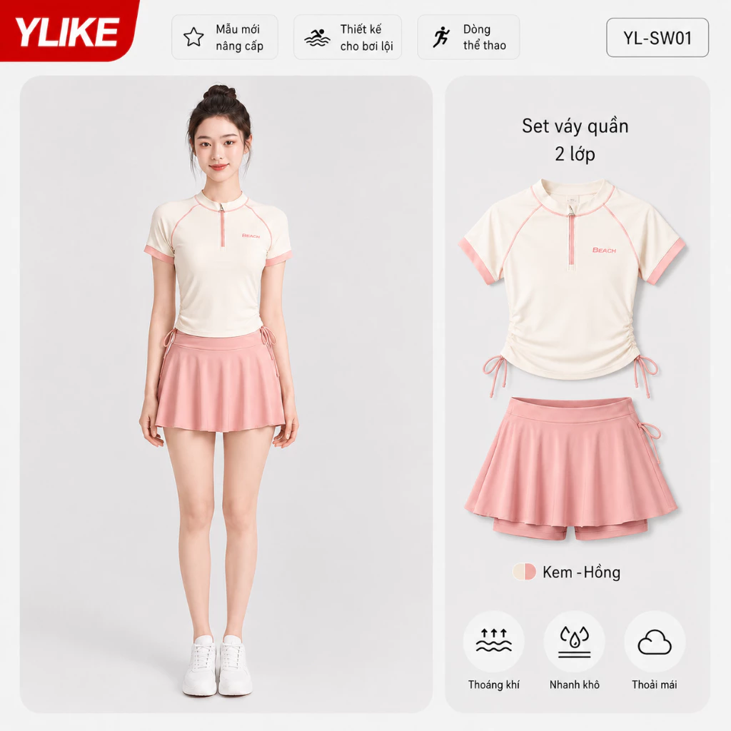 Đồ bơi nữ kín đáo Shiwei Nailekesi váy quần 2 lớp, áo ngắn tay có đệm ngực, quần dây rút hông dễ chỉnh 23119