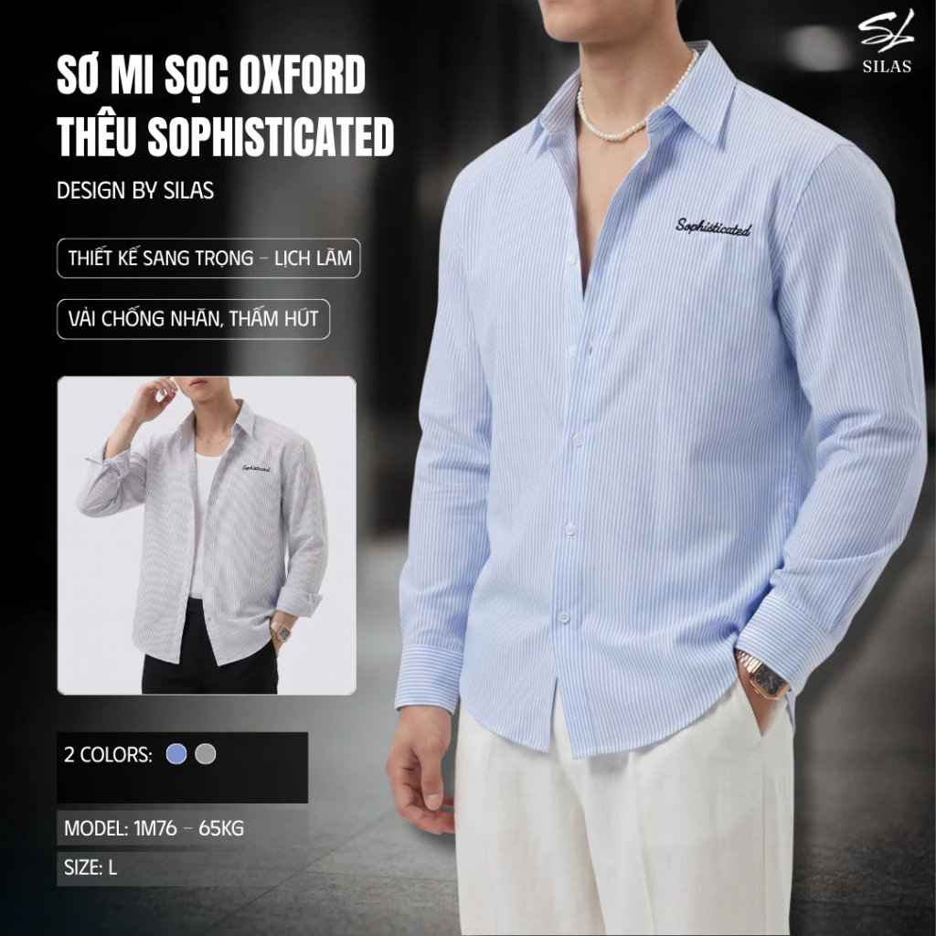 (New Item) Áo sơmi nam Silas Sọc Oxford Thêu Sophisticated tay dài form rộng - ASLC33