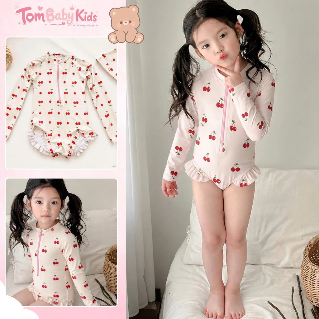 Đồ bơi bé gái dài tay, đồ bơi kiểu Bodysuit liền thân Chery cho bé gái chống nắng 9-27kg Tom Baby Kids (ĐB-014-AK)