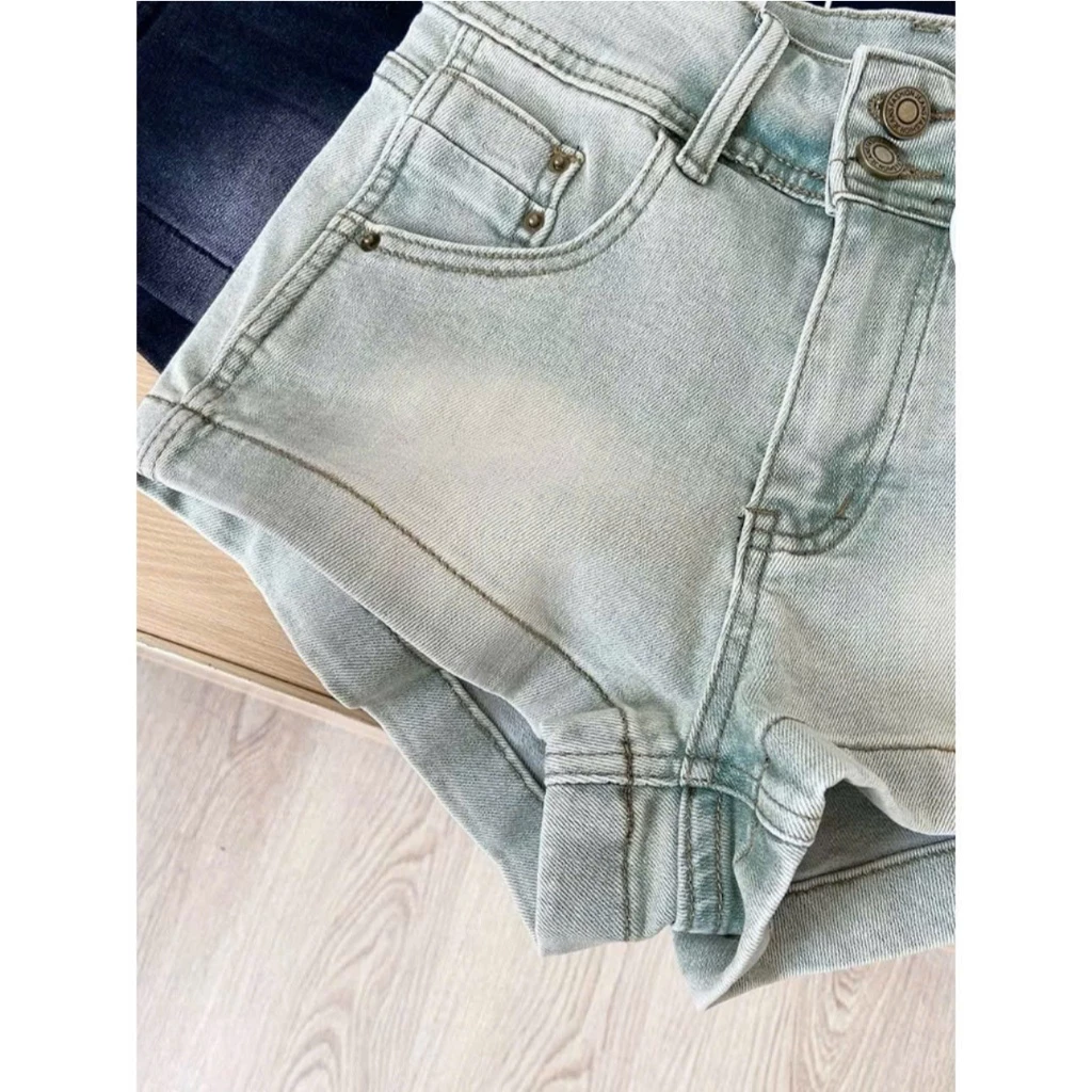 Quần Sooc Jean Nữ Hai Khuy Cạp Cao Phối Da, Short Jeans Co Giãn Nâng Mông Tôn Dáng