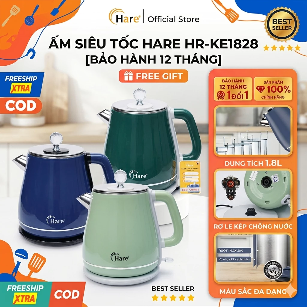 Ấm Đun Siêu Tốc Hare HR-KE1828 1.8L Ruột Inox 304 Công Suất 1800W Tự Ngắt [Bảo Hành 12 Tháng]
