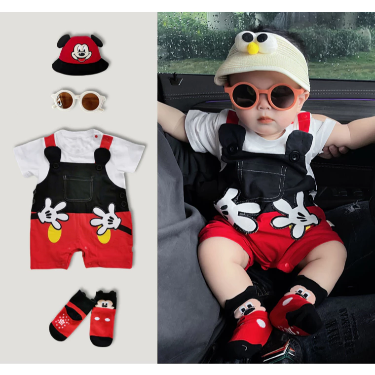 Mùa hè mới sinh không tay áo Bodysuit bông Mickey Mouse Hoạt hình phim hoạt hình kiểu Hàn Quốc Jumpsuit 0-24M
