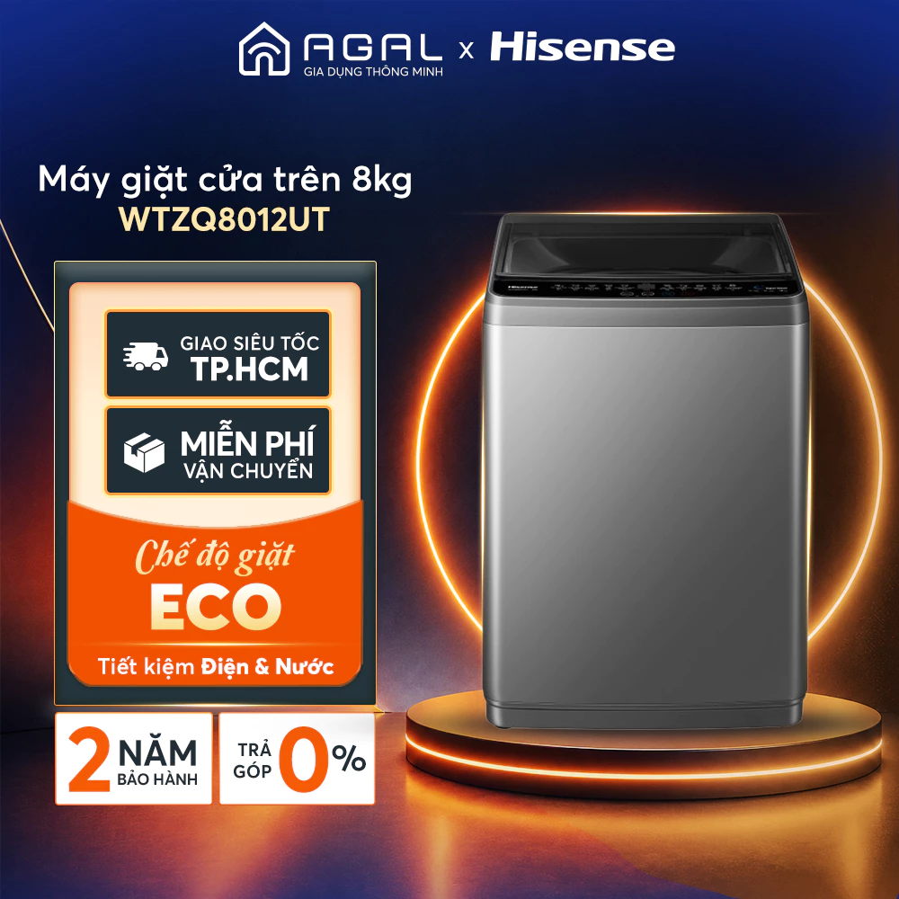 Máy giặt Hisense 8kg WTZQ8012UT, Tiết kiệm điện, Trả góp 0%, Giao hàng toàn quốc