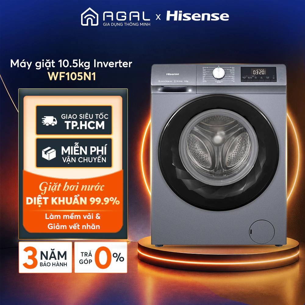 Máy Giặt Hisense Inverter 10.5kg WF105N1, Giặt hơi nước diệt khuẩn, Trả góp 0%, Bảo hành 3 năm