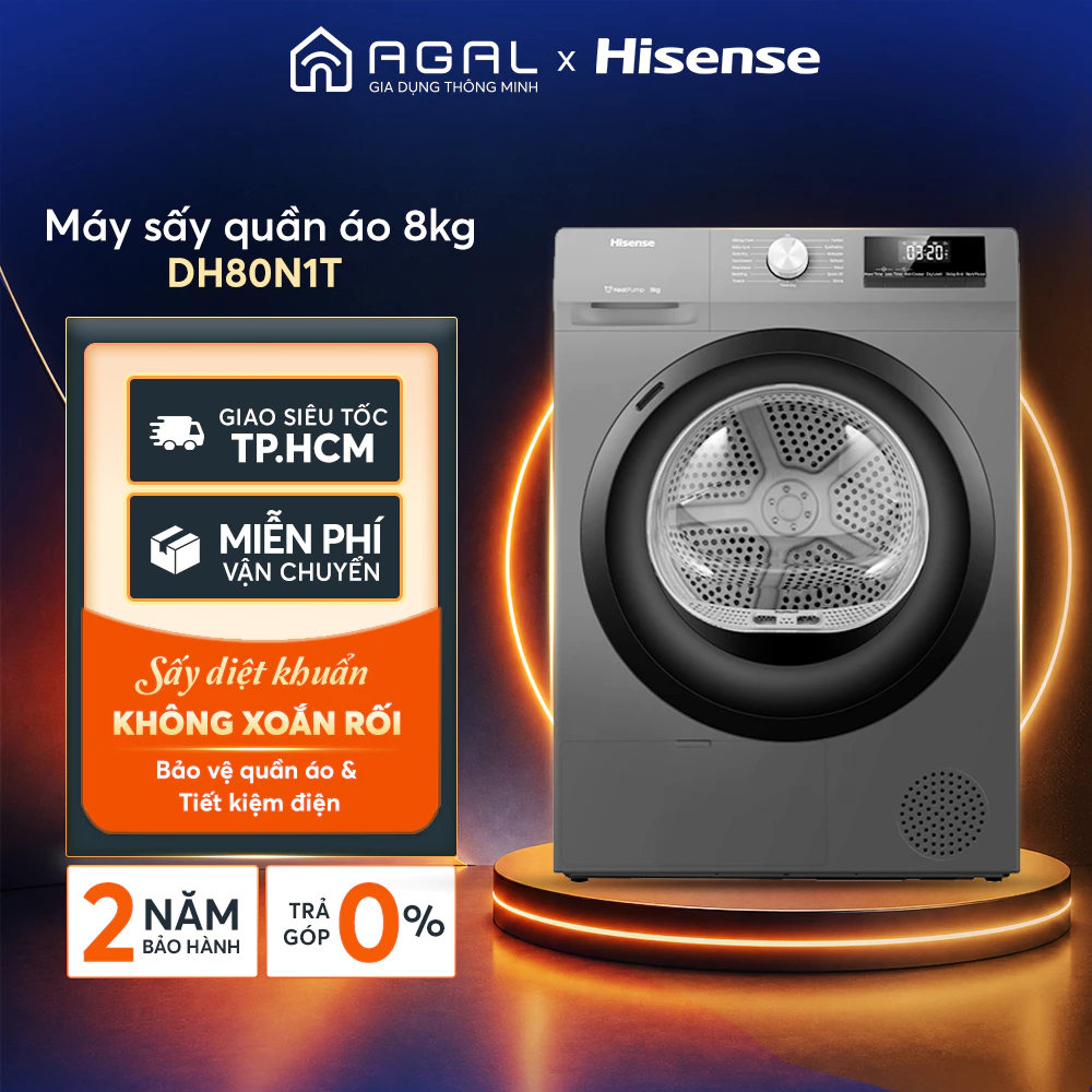 Máy sấy quần áo Hisense 8kg DH80N1T Sấy diệt khuẩn, Trả góp 0%, Bảo hành 2 năm