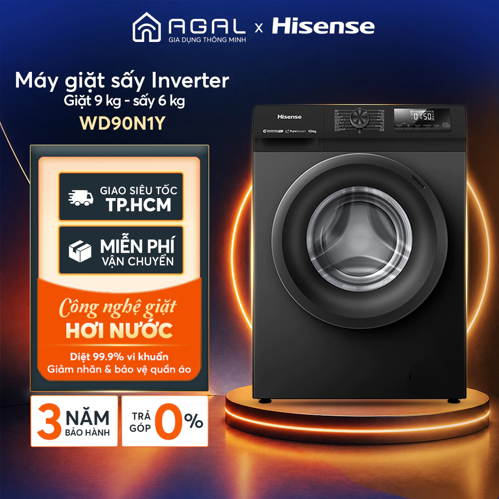 |SALE SỐC| Máy giặt sấy Hisense Inverter Giặt 9kg/ Sấy 6kg WD90N1Y Giặt AI, Giặt & sấy 60 phút, Bảo hành 3 năm