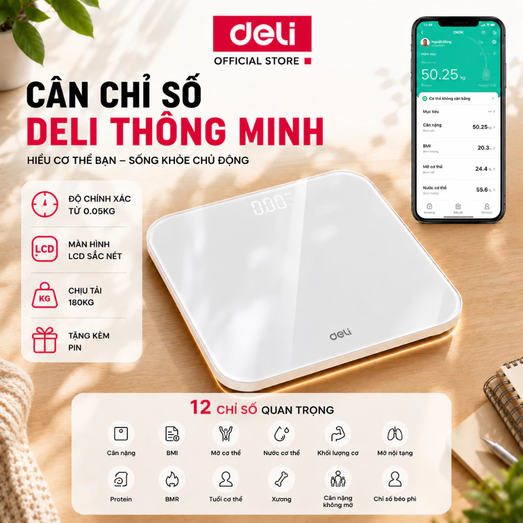 [Tặng dây nhảy] Cân Sức Khỏe Điện Tử Thông Minh Deli có App kết nối Bluetooth theo dõi phân tích 12 chỉ số cơ thể